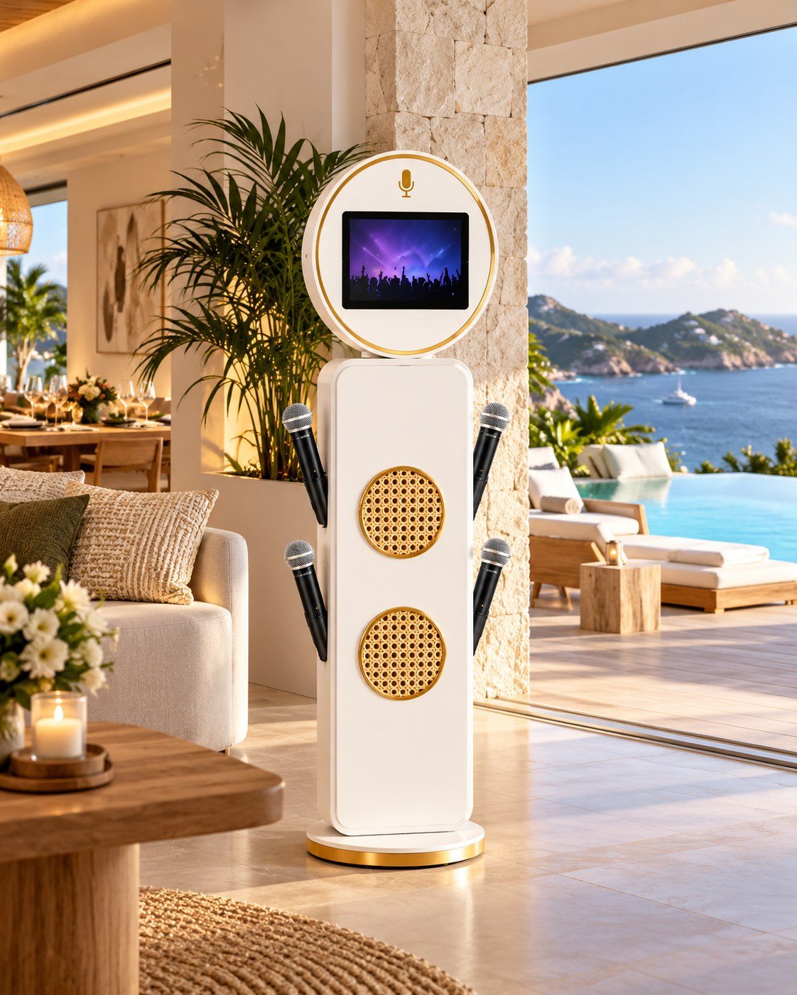 Karaoke booth in a villa living room with sea view