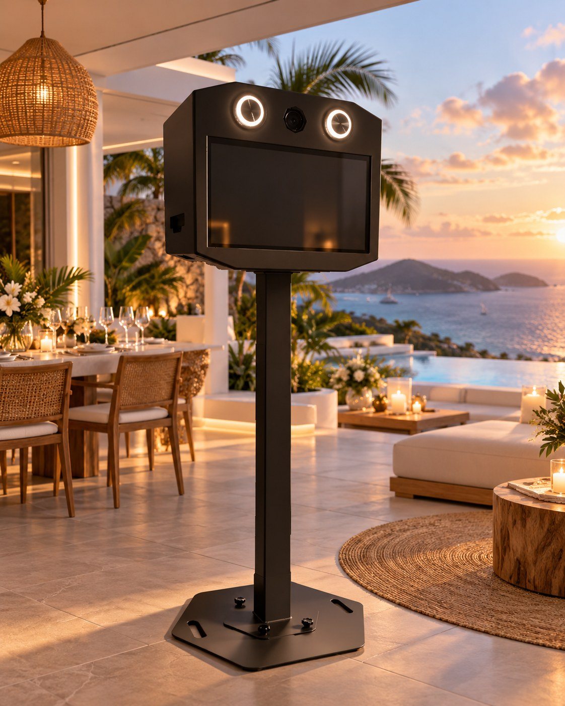 St Barth Provider black photo booth on a villa terrace at sunset